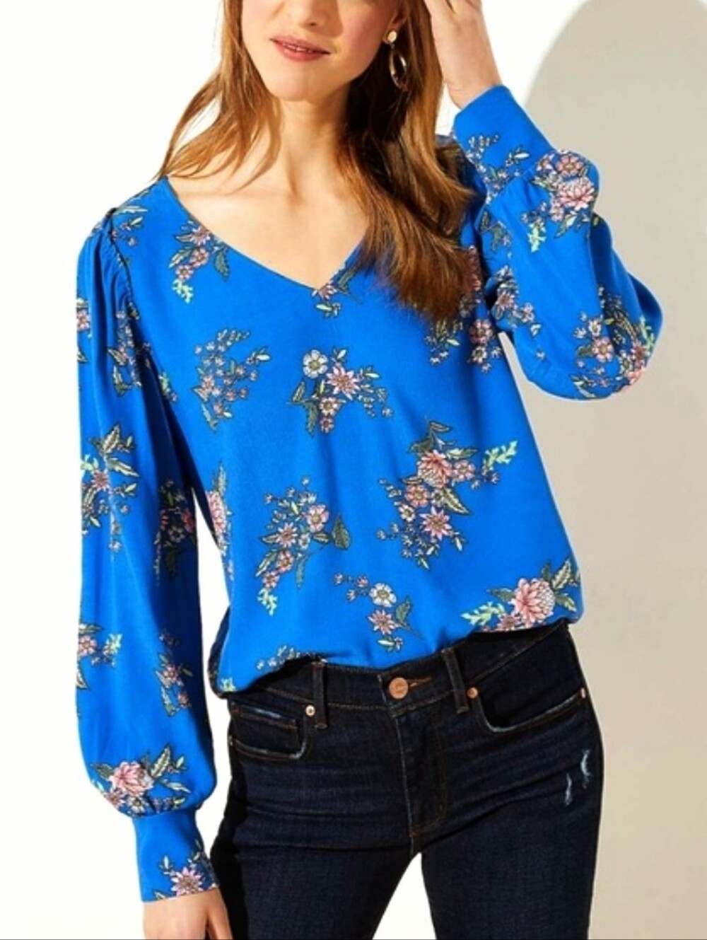 Loft Women's Floral V-Neck Long Sleeve Rayon Pullover Blouse S